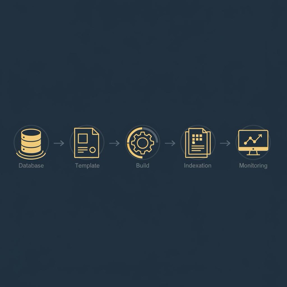 Minimal 2D vector flow infographic showing data source to template to build to indexation to monitoring in Orvus Ltd brand colors for programmatic SEO