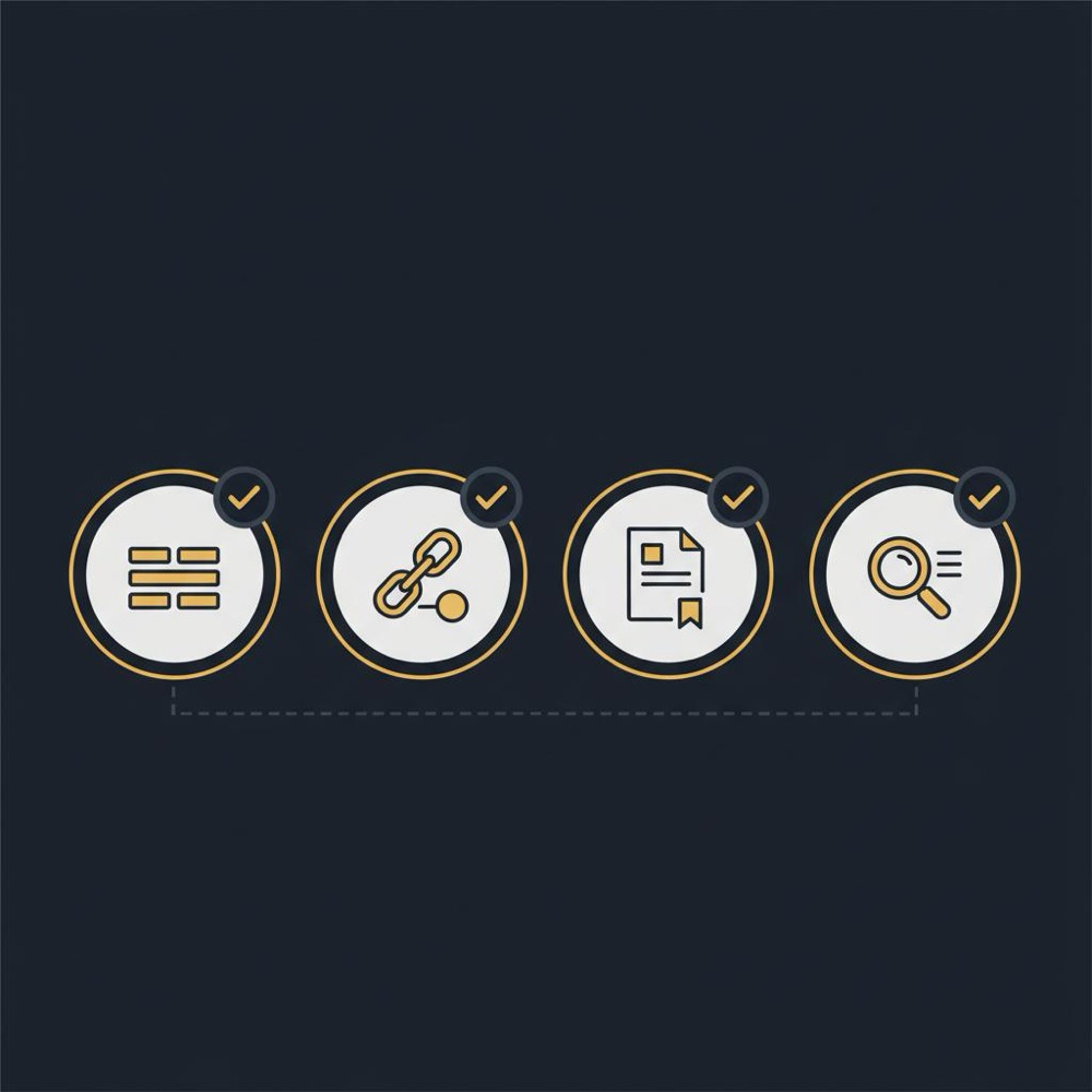 Minimal 2D vector infographic showing four checklist icons for meta tags SEO: headers, canonicals, titles, descriptions on dark blue #0B1E33 background.