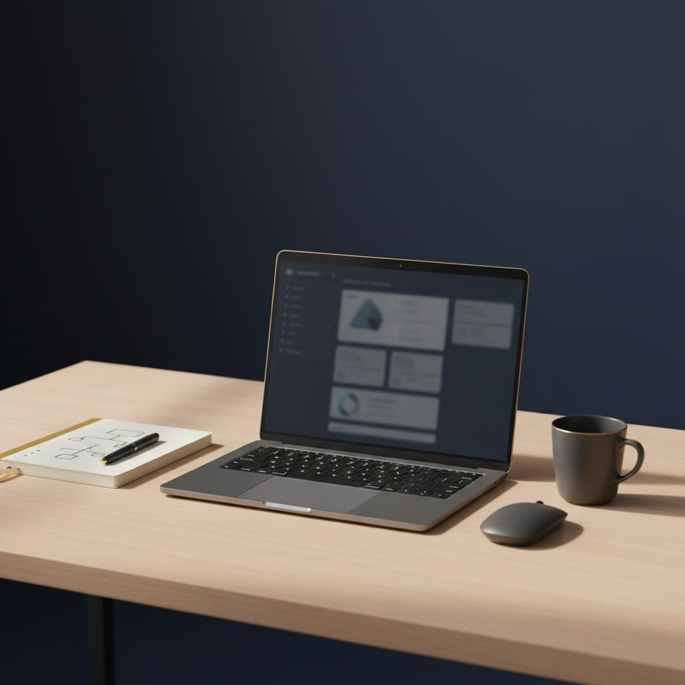 Tidy minimalist desk with laptop showing a blurred dashboard mock, notebook sketch and coffee cup in Orvus Ltd. palette for an SEO proposal