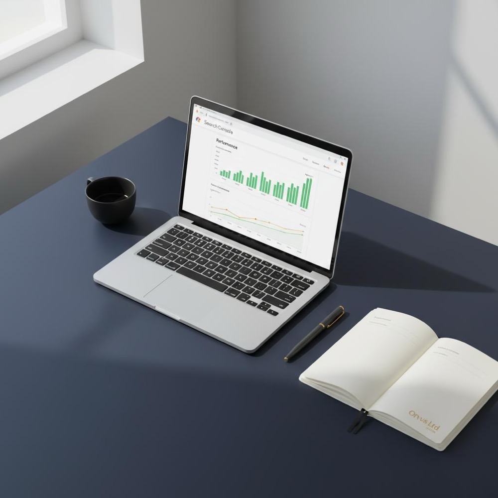 Minimalist desktop workspace with laptop displaying Google Search Console report and open notes, notebook with #C8A45D accent, natural light - learn SEO