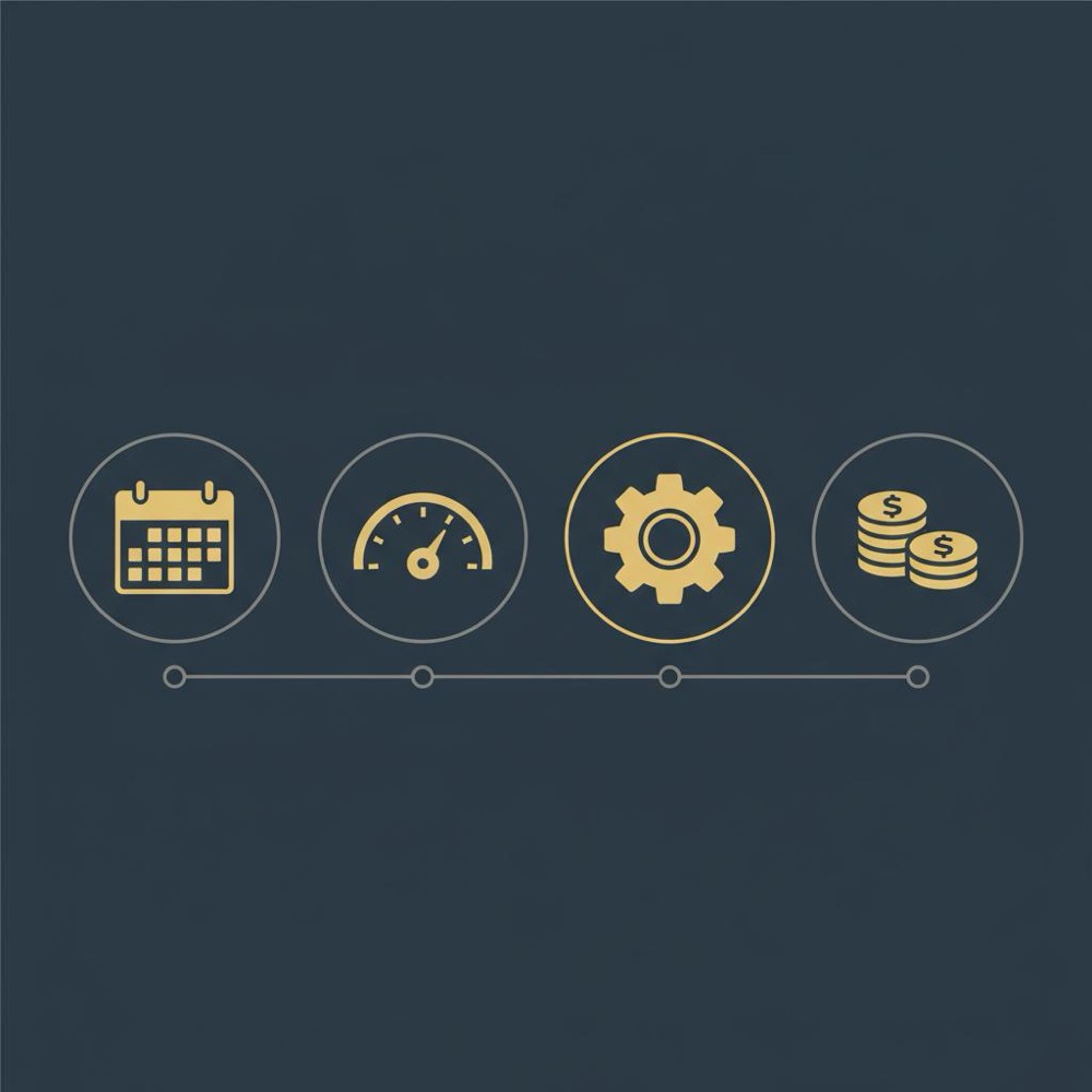 Minimal 2D vector infographic with calendar, speed gauge, gear, and money icons on #0B1E33 background, clean layout illustrating is organic SEO free