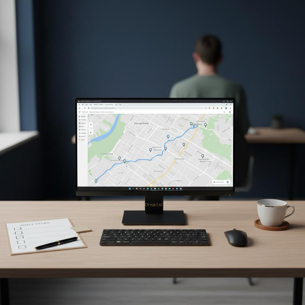 Minimalist desktop with laptop showing Google Maps, printed checklist and out-of-focus person - visual for delete my Google review article.