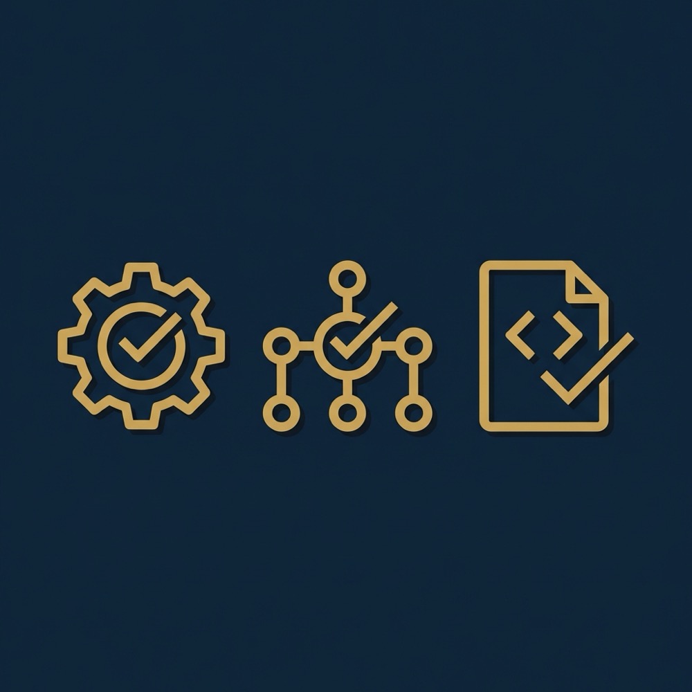 Minimal vector infographic checklist for rankmath seo showing three icons gear sitemap and structured data validation on deep navy background in Orvus Ltd brand colors
