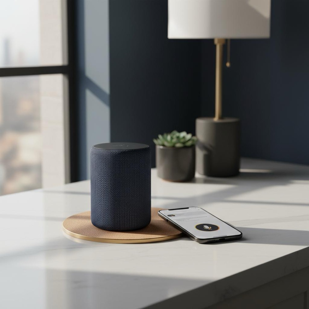 do I have to pay to appear in voice search - realistic close-up of a smart speaker on a deep-navy kitchen counter beside a phone showing voice search results, gold and dark-gray accents, no faces