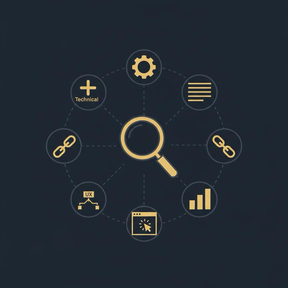 Minimal 2D vector infographic with central search icon surrounded by five icons for technical, content, links, UX and measurement on dark navy background with gold accents to illustrate get my website to the top of Google