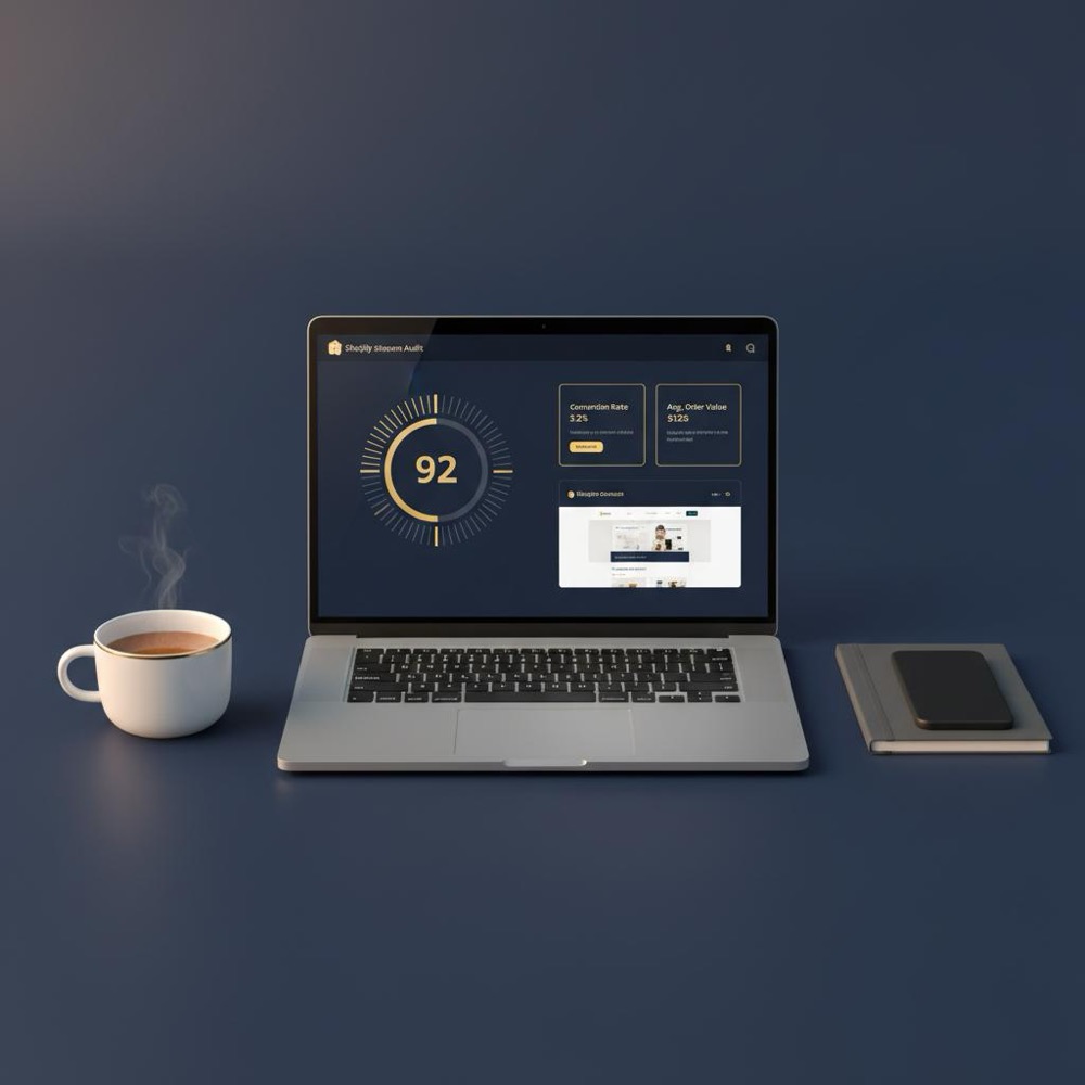 Minimal clean workspace with a laptop showing a Shopify SEO audit dashboard, navy background (#0B1E33) and warm gold accents (#C8A45D), minimalist composition.