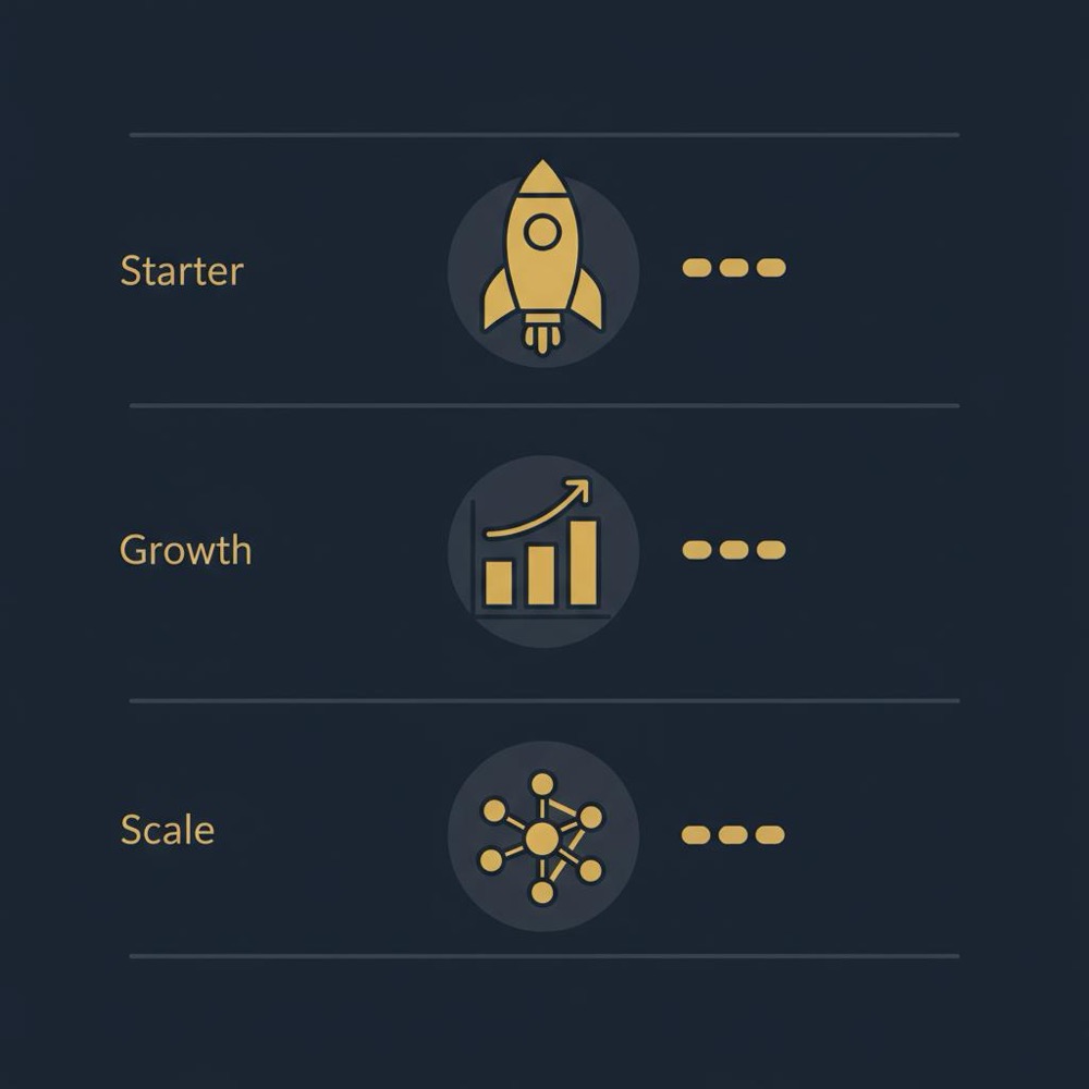 Minimal 2D vector infographic showing three stacked tiers (Starter, Growth, Scale) with icons and gold bullets on a navy background, illustrating seo salary tiers.