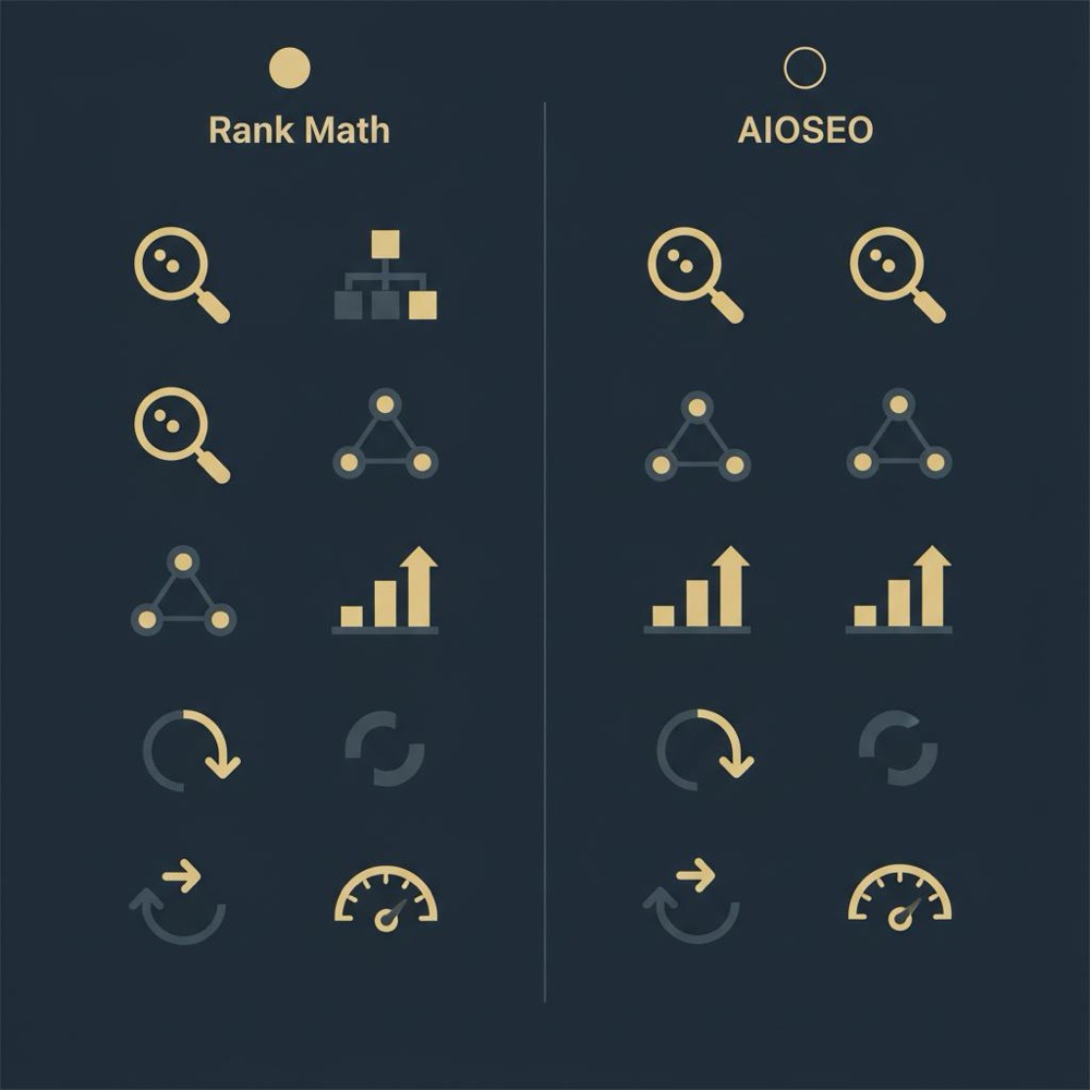Minimalist two-column 2D vector infographic of SEO feature icons in Orvus Ltd colors on #0B1E33 background, visually comparing rank math vs aioseo