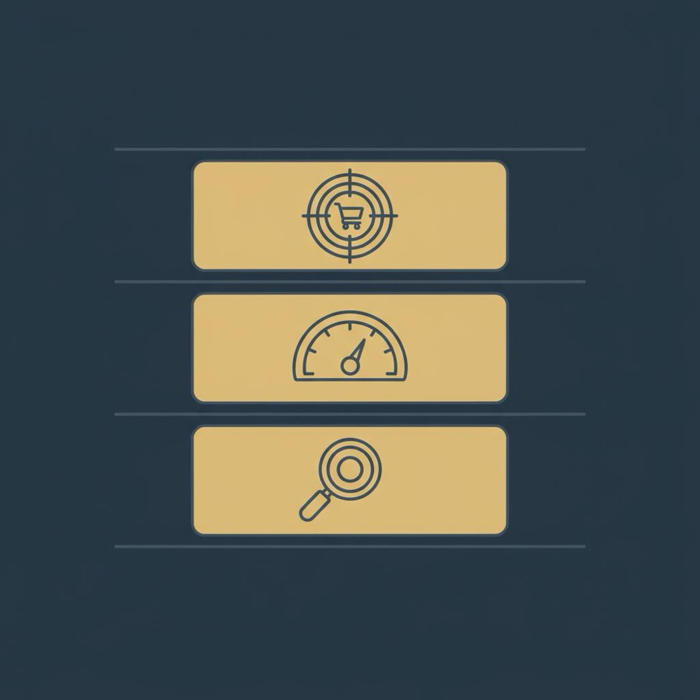 Minimal 2D vector infographic of three stacked layers (intent, performance, conversion) in Orvus brand colors for an SEO optimized landing page