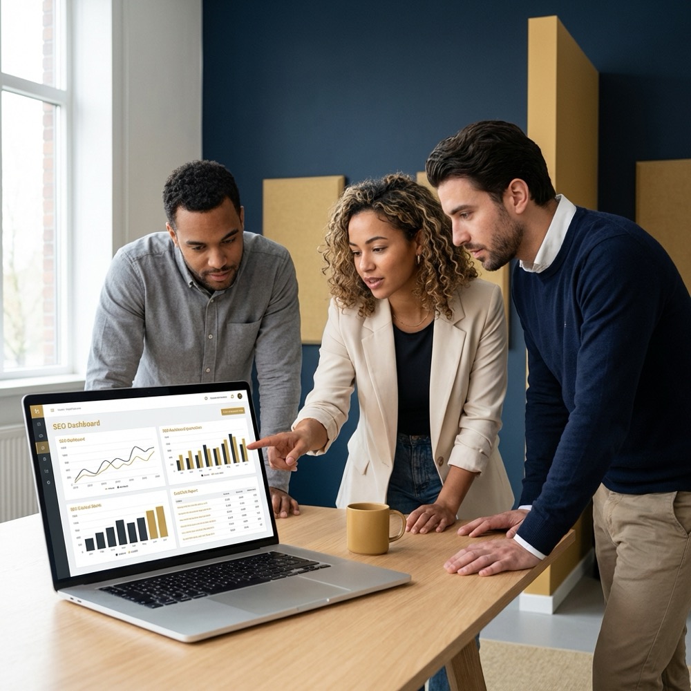 Small team reviewing SEO dashboards and backlink reports on a laptop in a minimalist navy office showing website ranking trends