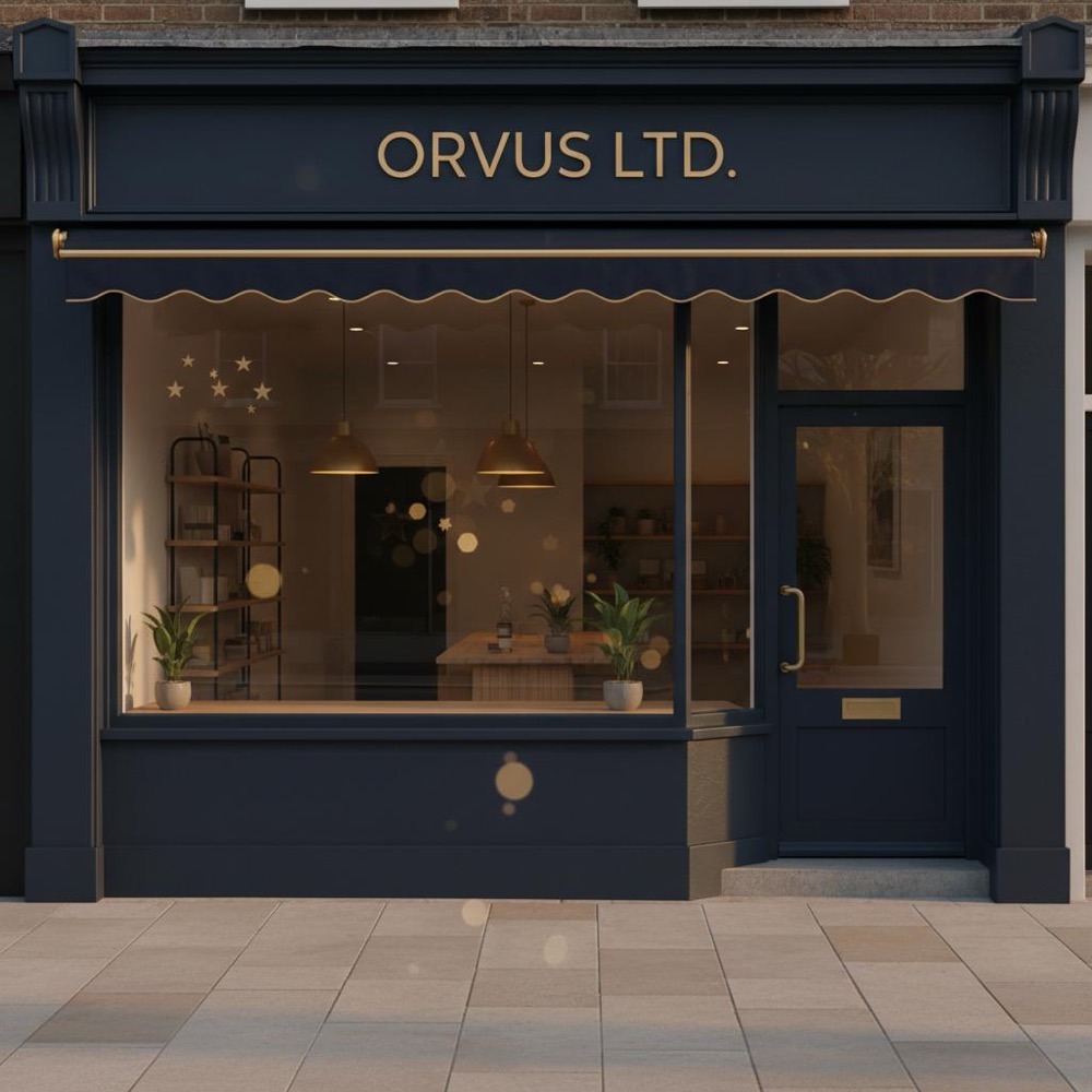 Small shopfront in Orvus Ltd. colors with warm lighting and a subtle gold star overlay suggesting customer reviews; fake Google review removed