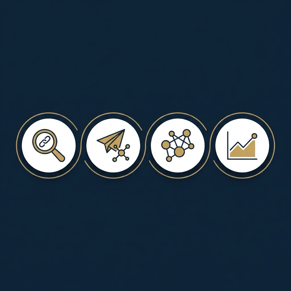 Minimal 2D vector infographic showing four linked icons for link audit outreach internal linking and monitoring in Orvus Ltd brand colors mozrank