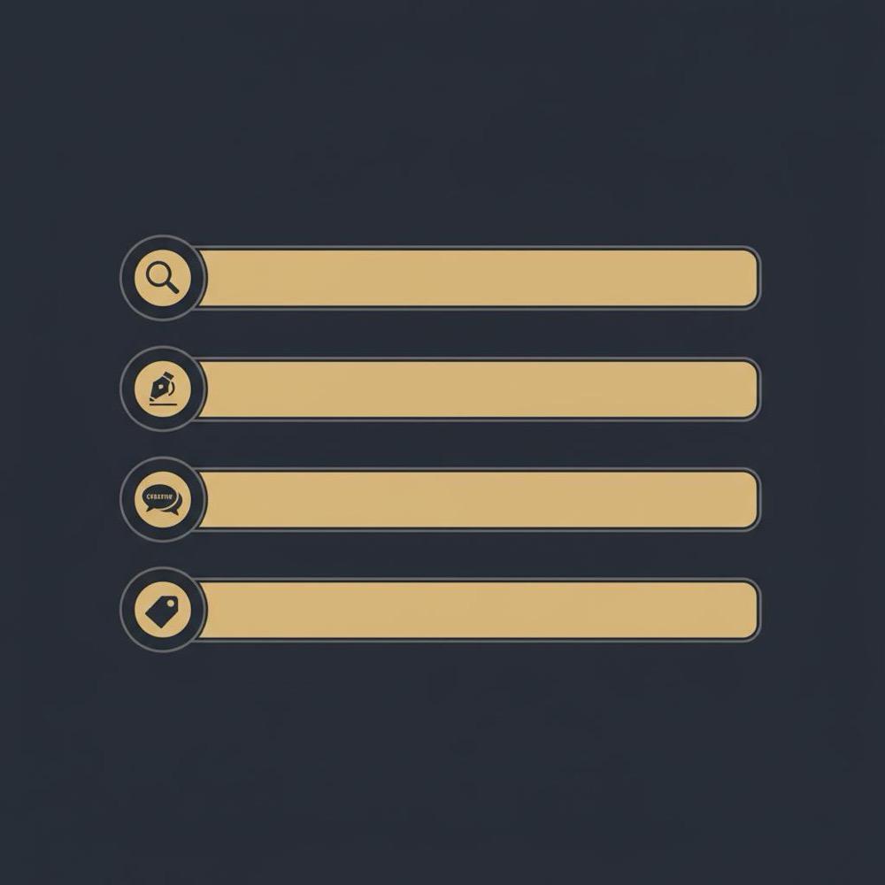 Minimal 2D vector infographic illustrating the 40 40 20 rule in marketing with three proportional horizontal bars and icons (magnifying glass, pen and speech bubble, tag) on dark brand background #0B1E33.