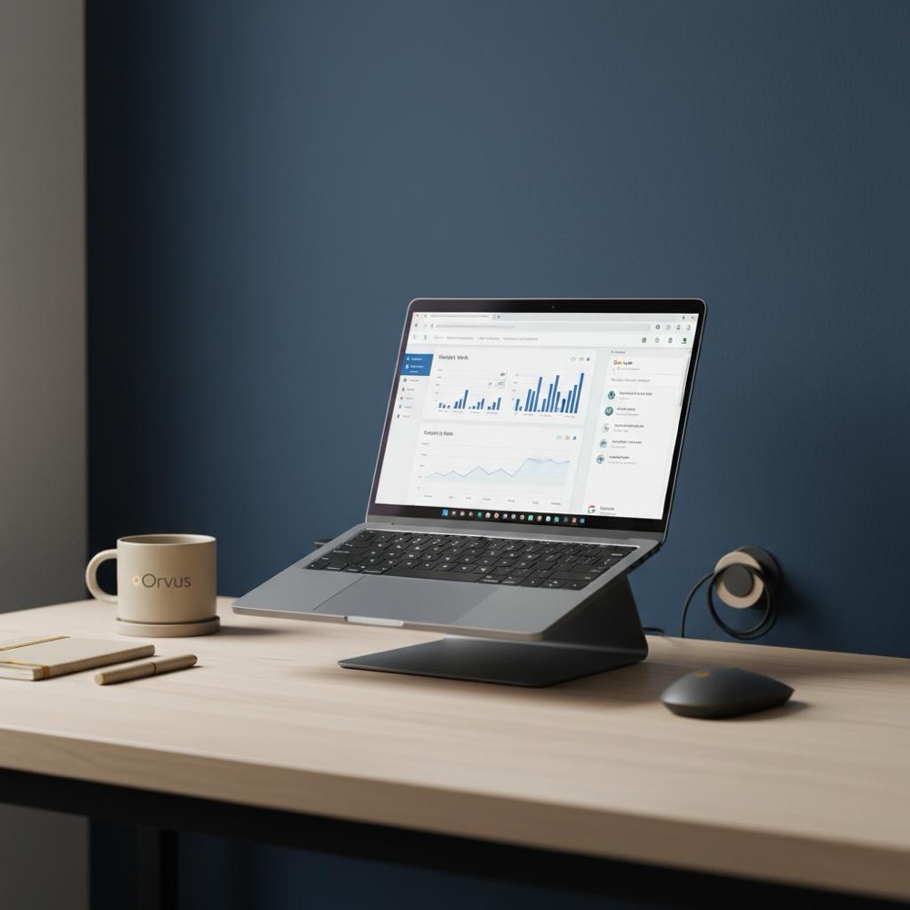 Minimalist developer workspace with laptop showing analytics dashboard and Google Search Console, muted Orvus accents, natural light - SEO digital marketing