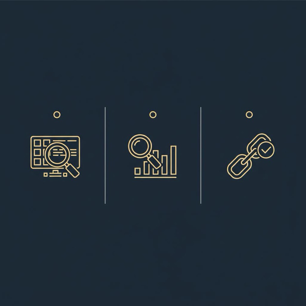 Minimal 2D vector three-column infographic showing a free tool stack: search console, freemium keyword tool and backlink checker, illustrating a free alternative to Ahrefs.