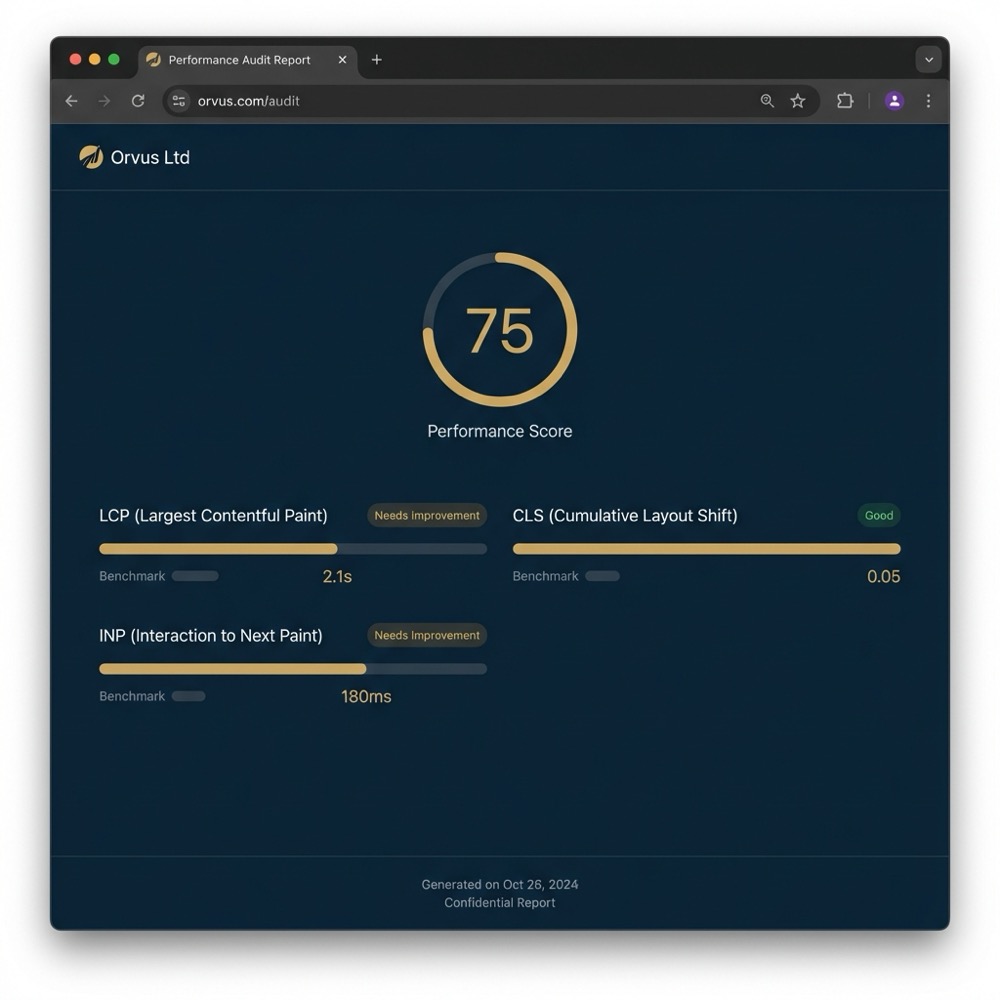 Screenshot of an audit report showing Core Web Vitals metrics with a 75 performance score and highlighted metrics aimed at improving google ranking