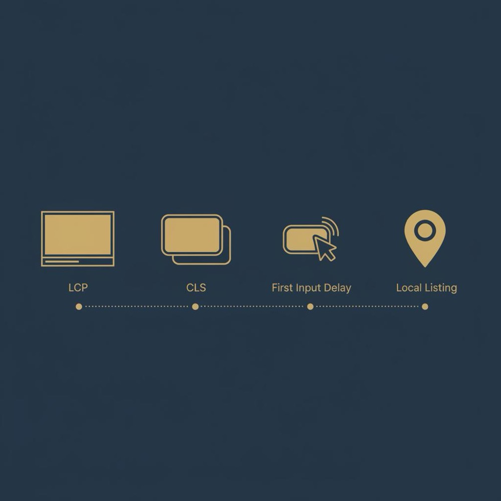 Minimal 2D vector infographic showing icons for LCP, CLS, FID and a map pin on a navy background, styled for organic SEO