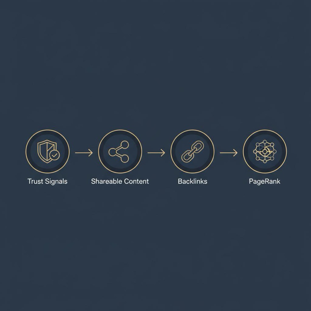 Minimal 2D vector flow infographic with icons for trust signals, shareable content, backlinks, and PageRank connected by arrows on a dark #0B1E33 background.