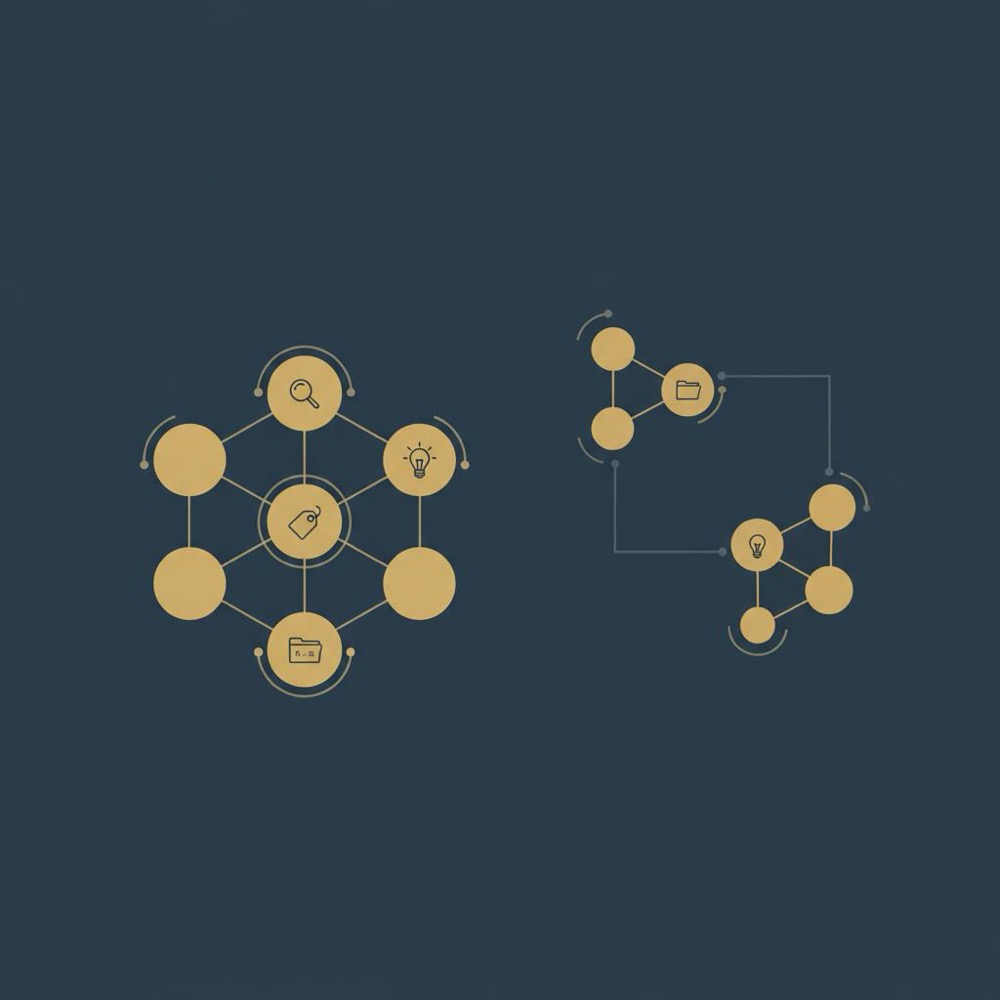 Minimal 2D vector infographic of semantic clusters with connected nodes and simple icons on a deep blue #0B1E33 background using Orvus palette
