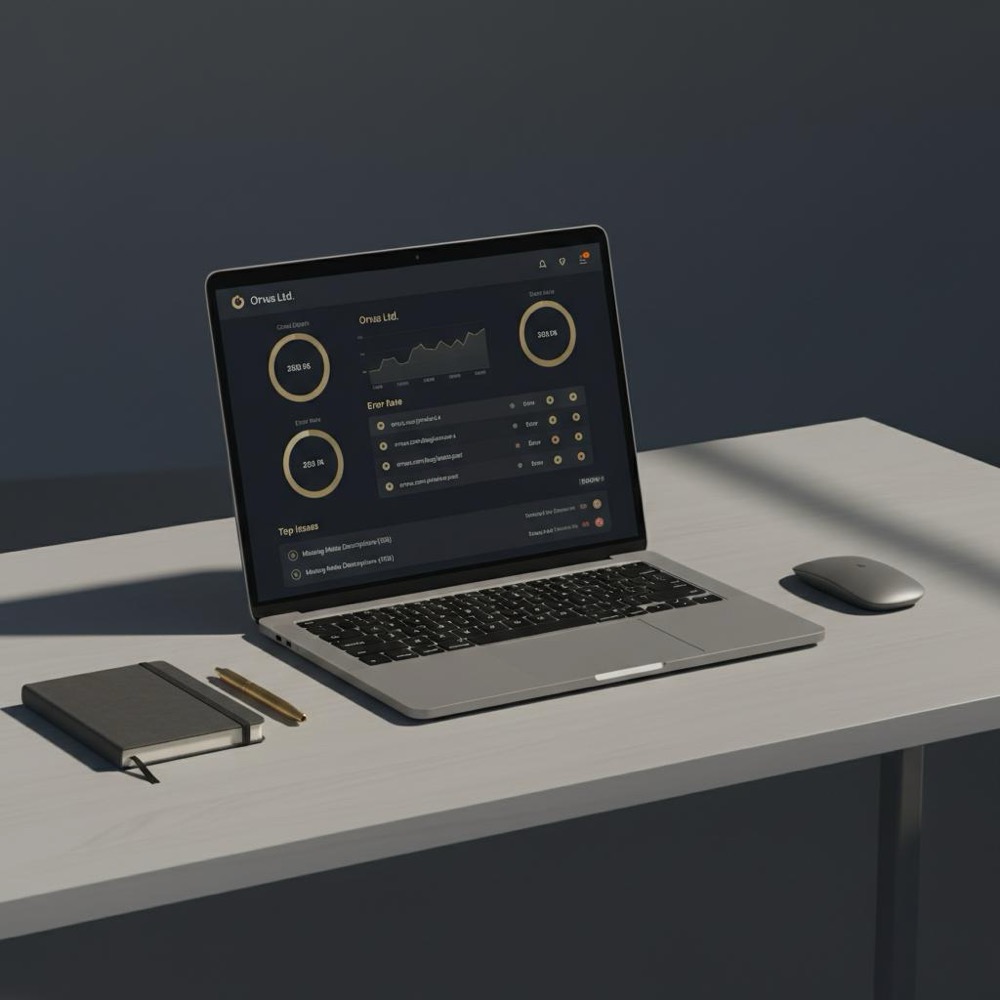 Minimalist workspace with laptop displaying a site crawl results dashboard in Orvus brand colors on a #0B1E33 background, optimized for the best SEO checker
