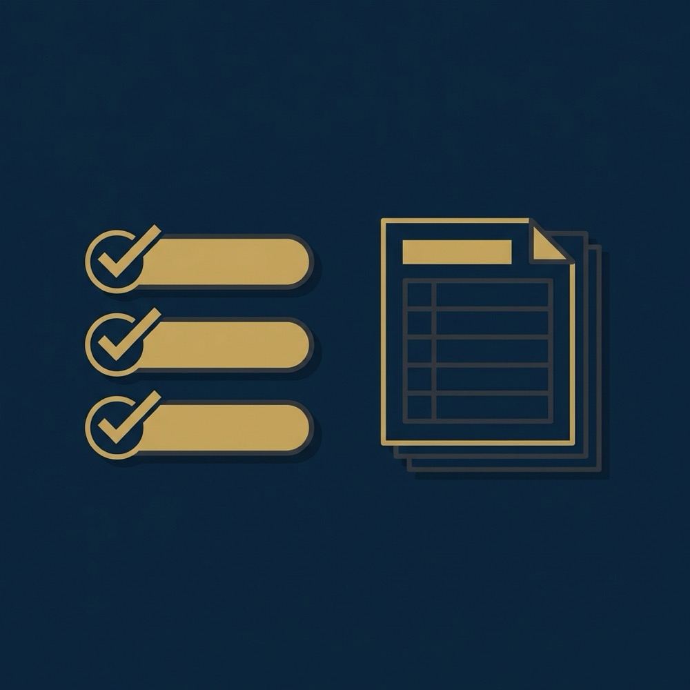 Minimalist 2D vector infographic of a verification checklist and registry document on deep blue background using ahrefs com