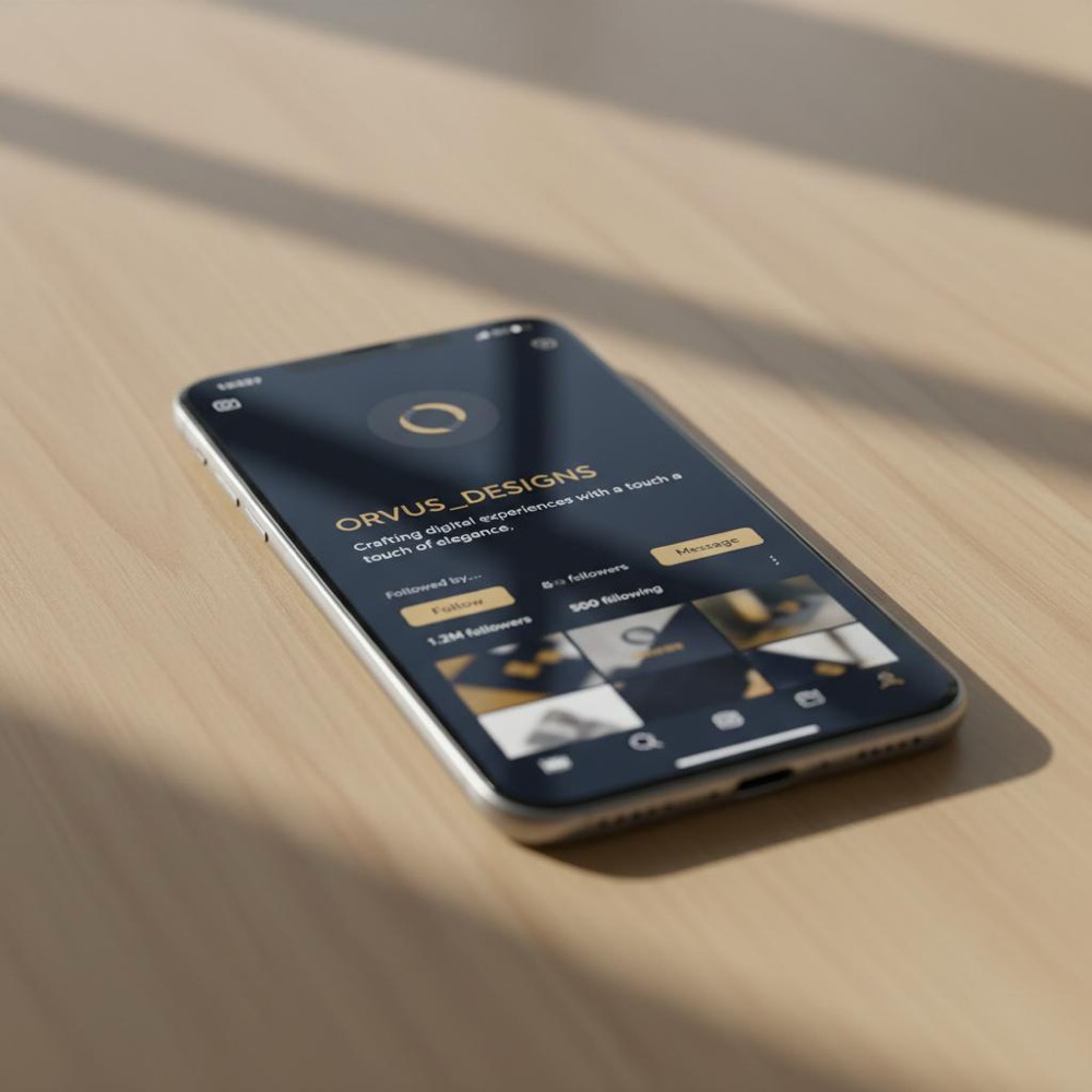 Close-up of a smartphone on a wooden table displaying an Instagram-style profile page with focus on the profile name and first caption line, minimalist composition and Orvus Ltd. brand colors, Instagram SEO