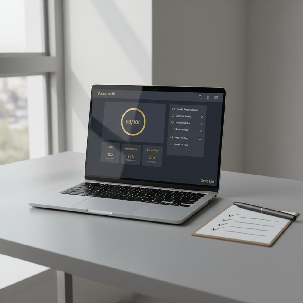 Minimalist desk with a laptop showing a site audit dashboard and a paper checklist beside it, natural light, Orvus Ltd. brand colors, SEO examples.