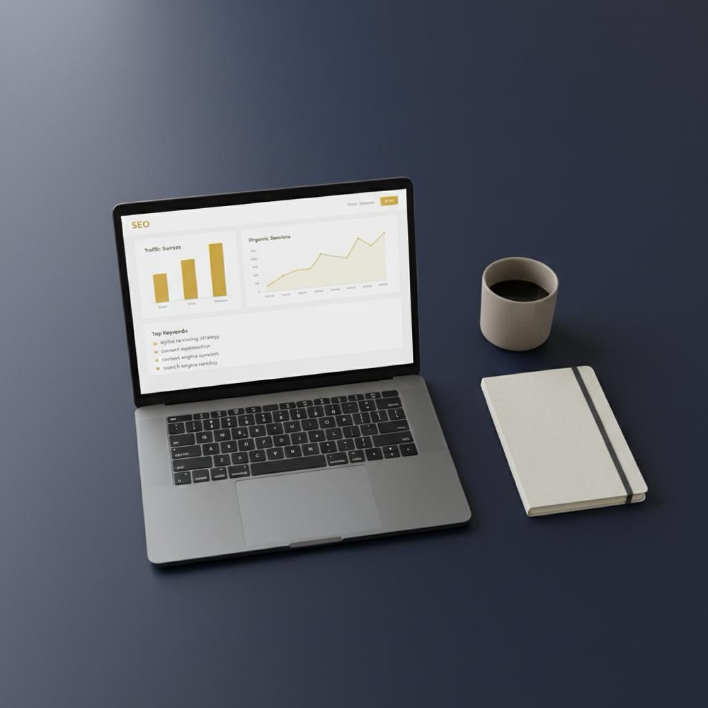 Minimalist workspace with laptop showing SEO dashboard, notebook and coffee on dark navy surface - comparison image for Semrush vs SEO PowerSuite