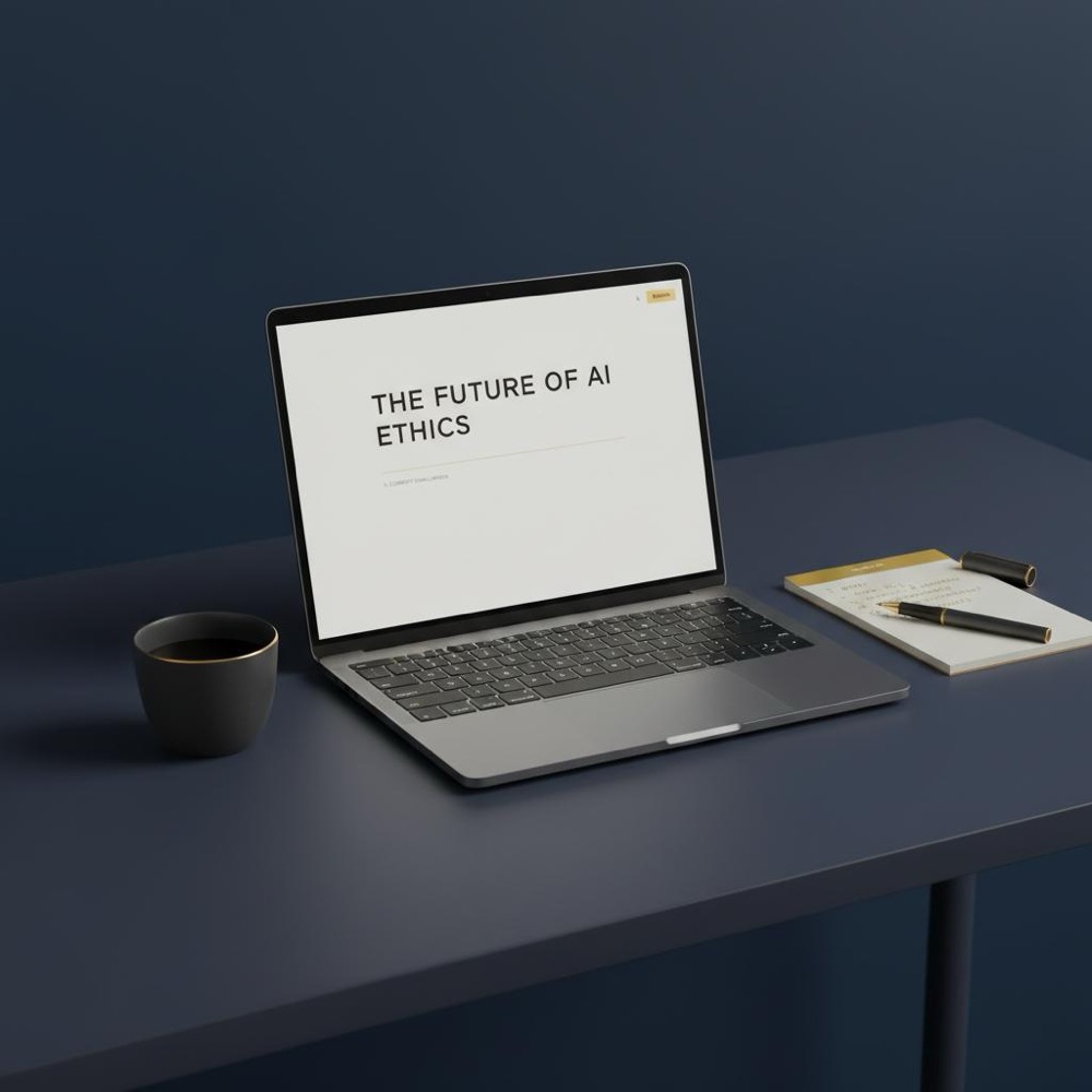 Neat writer&rsquo;s desk with laptop open to an article editor, notepad micro-outline and coffee cup, minimalist navy and gold accents focused on article writing format.
