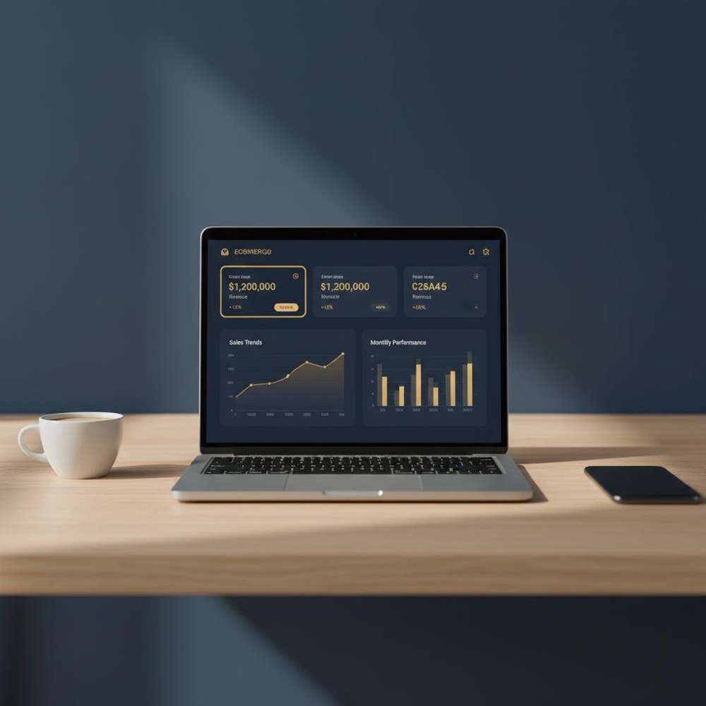 Minimalist workspace with laptop showing ecommerce SEO dashboard and analytics charts on dark #0B1E33 background with subtle #C8A45D accents