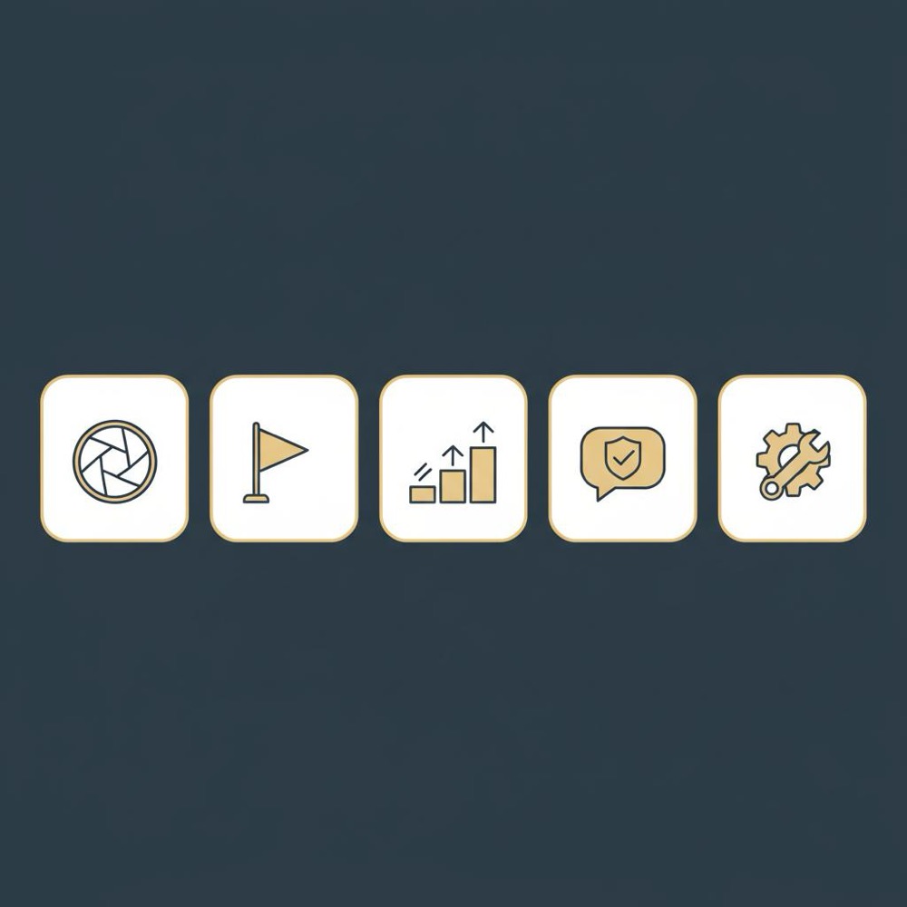 Minimal 2D vector infographic of five-step flow icons (capture, flag, escalate, respond, repair) on #0B1E33 background - visual guide to disable reviews on Google