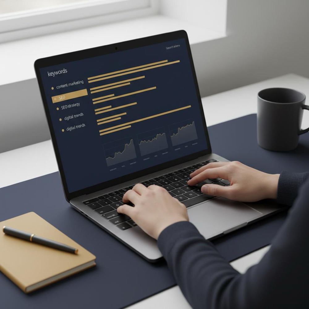 Hands typing on a laptop displaying a keyword dashboard for a moz keyword explorer tutorial, minimal desk, natural light, Orvus Ltd. brand colors