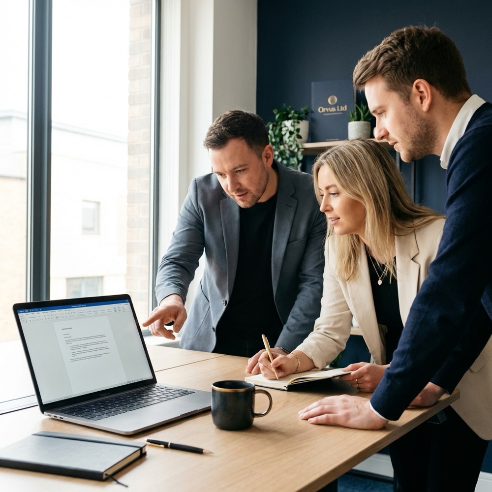 Small team reviewing copy on a laptop during a planning session focused on writing a hook in a minimalist navy office with warm gold accents