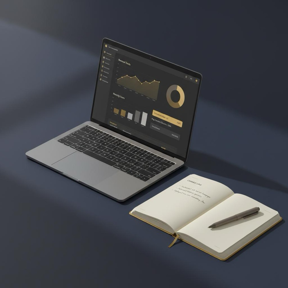 learn SEO workspace with laptop showing analytics dashboard and a notebook with a handwritten change log on a deep navy desktop with warm gold accents