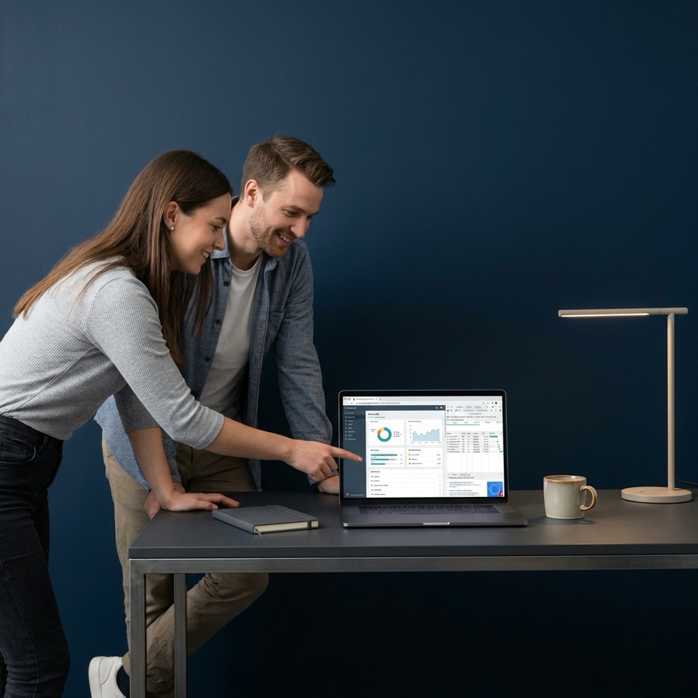 Two developers review a site audit on a laptop with browser devtools visible in a minimalist navy workspace focused on spa seo improvements