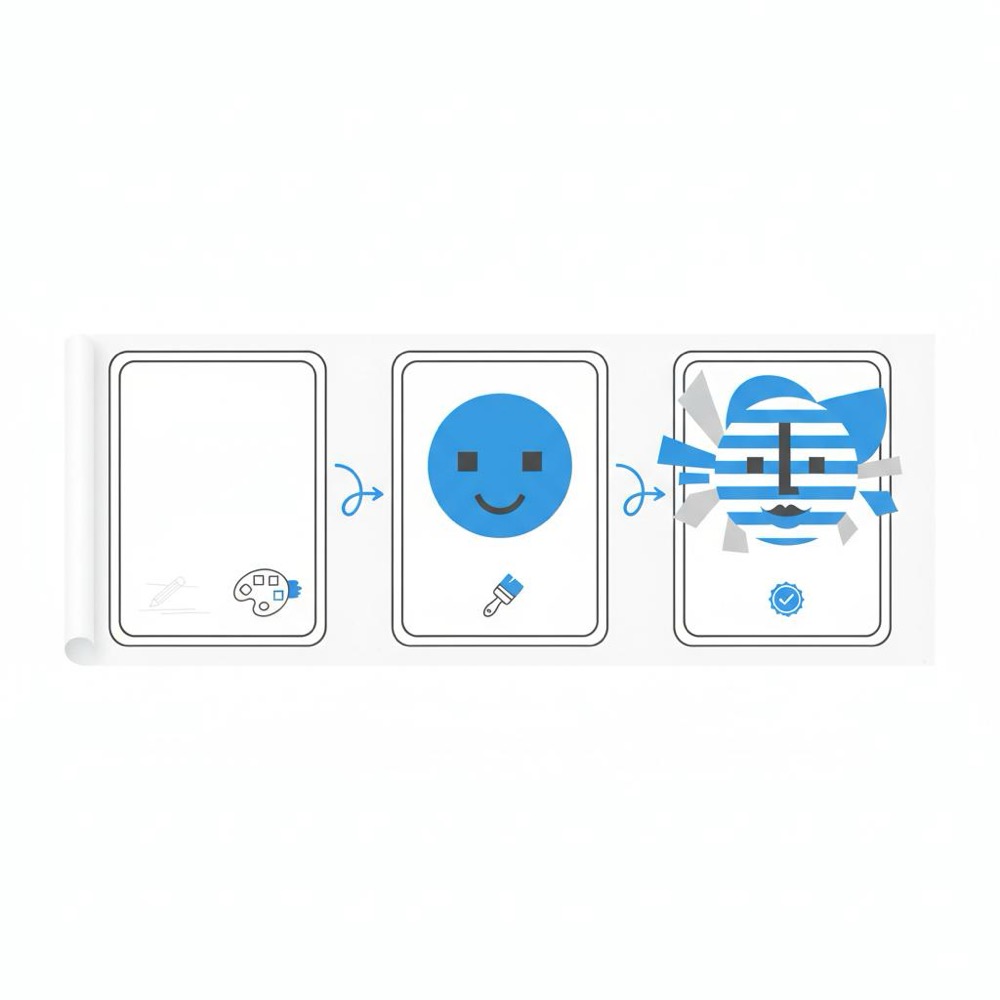 Minimal vector notebook-style storyboard of three vertical frames showing a canvas progressing to a painted face, connected by blue arrows - tiktok ads for artists