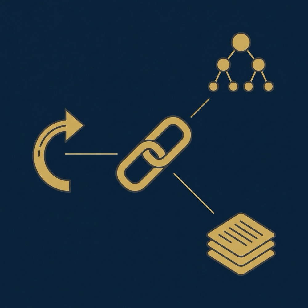 Minimal 2D vector infographic showing icons for redirects sitemaps and server logs converging on a single canonical URL visual canonicalization seo on dark blue background 0B1E33 with gold accents C8A45D and dark gray 2E3237