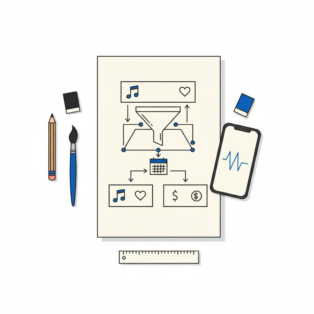 Is TikTok worth it for artists flat-lay vector showing art supplies, a smartphone waveform thumbnail, and a printed funnel diagram converting TikTok views into presaves and commissions