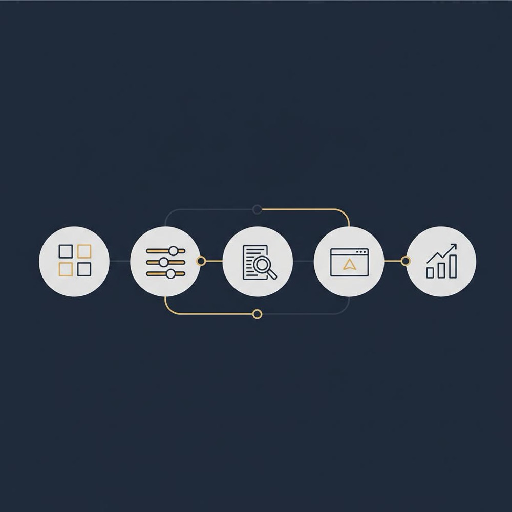 Minimal 2D vector infographic of a five-step pilot flow with five connected icons on dark navy background - best ai writing software