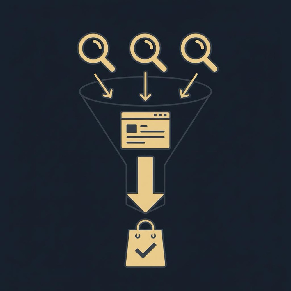 Minimal 2D vector funnel infographic on dark navy background showing search queries to website to conversions using gold highlights and gray accents - SEO service
