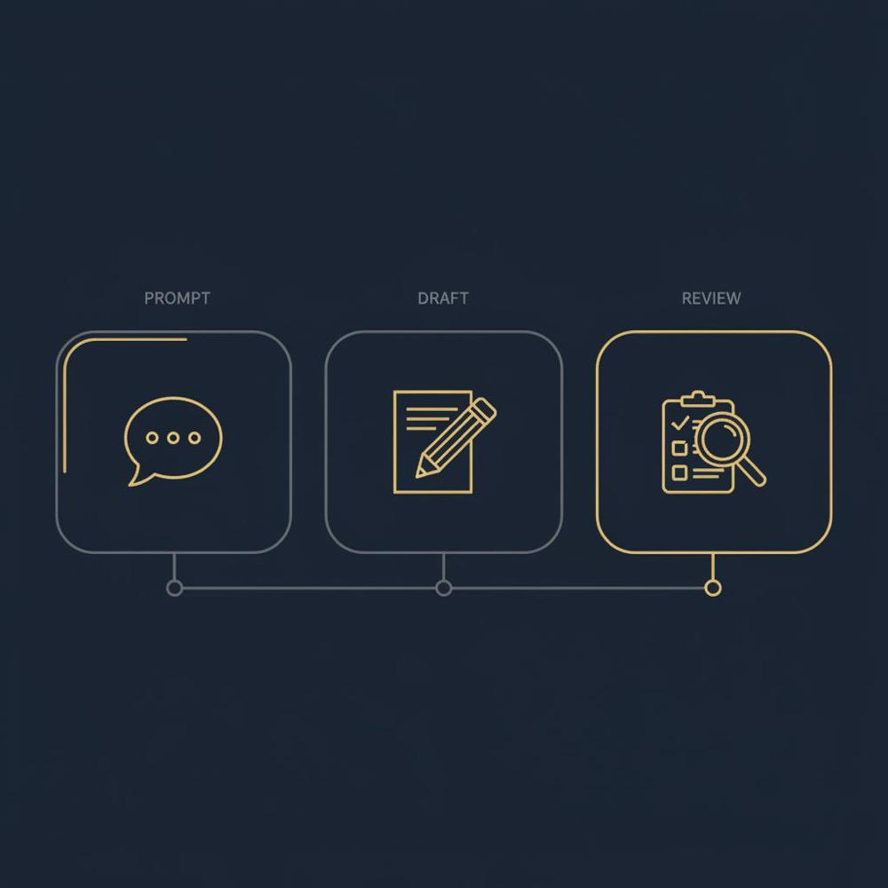 Minimal 2D vector infographic on navy background with three gold icons representing prompt, draft, and review in Orvus Ltd palette - chatgpt for writers