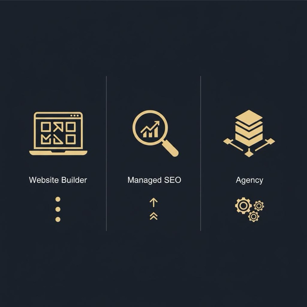 Is GoDaddy SEO worth it? Minimal 2D vector infographic comparing website builder, managed SEO, and agency across three icon columns on a dark blue background.