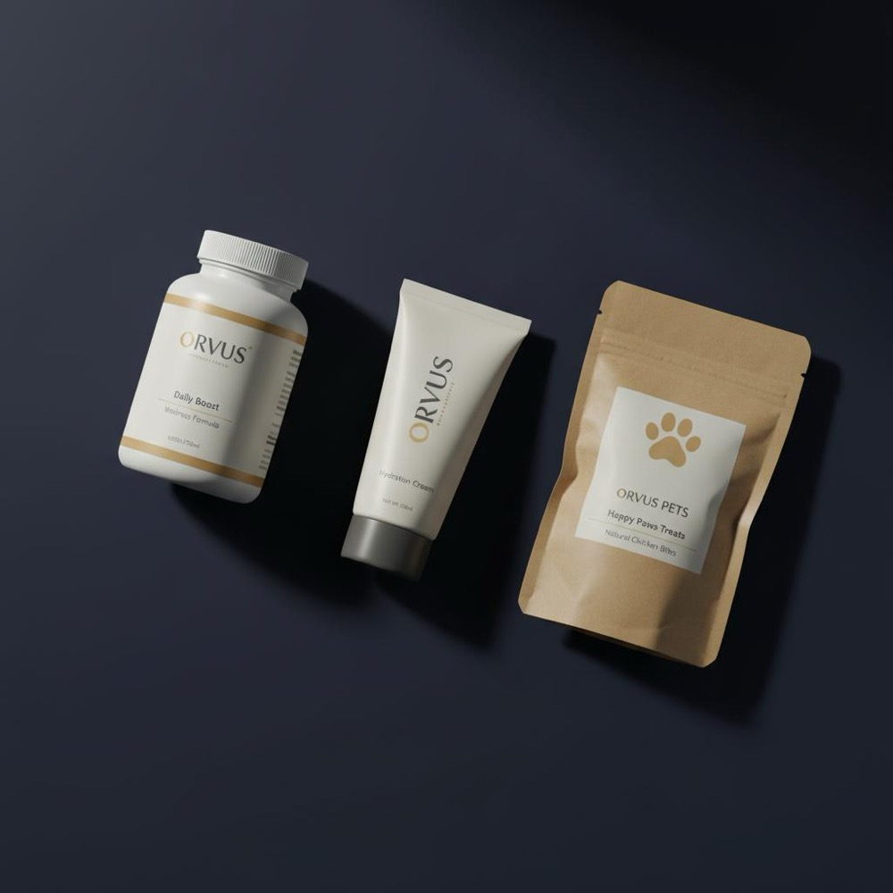Minimalist flatlay of supplement bottle, skincare tube and dog treat pouch on dark navy background with #C8A45D label accents - best Shopify niches