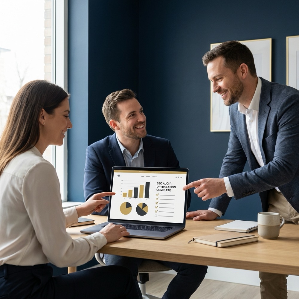 Small team reviewing a website audit on a laptop showing a Squarespace like template and SEO metrics in a minimalist Orvus Ltd navy and gold workspace squarespace seo