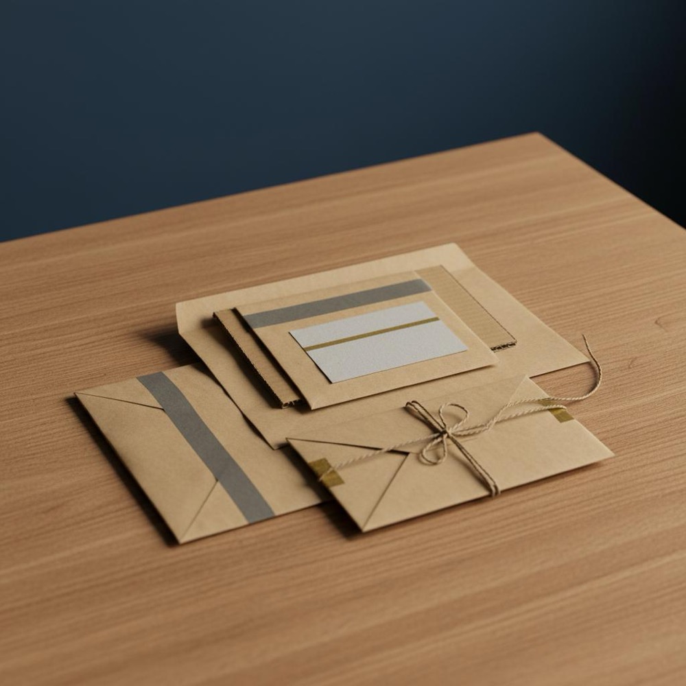 Sustainably packed parcels on a wooden table with kraft mailers and a recycling note card, minimalist scene showing how to rank a website using SEO in ecommerce packaging context