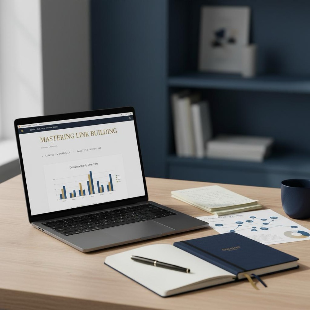 Minimalist editorial photo of a tidy navy workspace with laptop open to a long-form guide and chart, notes and muted #C8A45D accents, natural light - link building