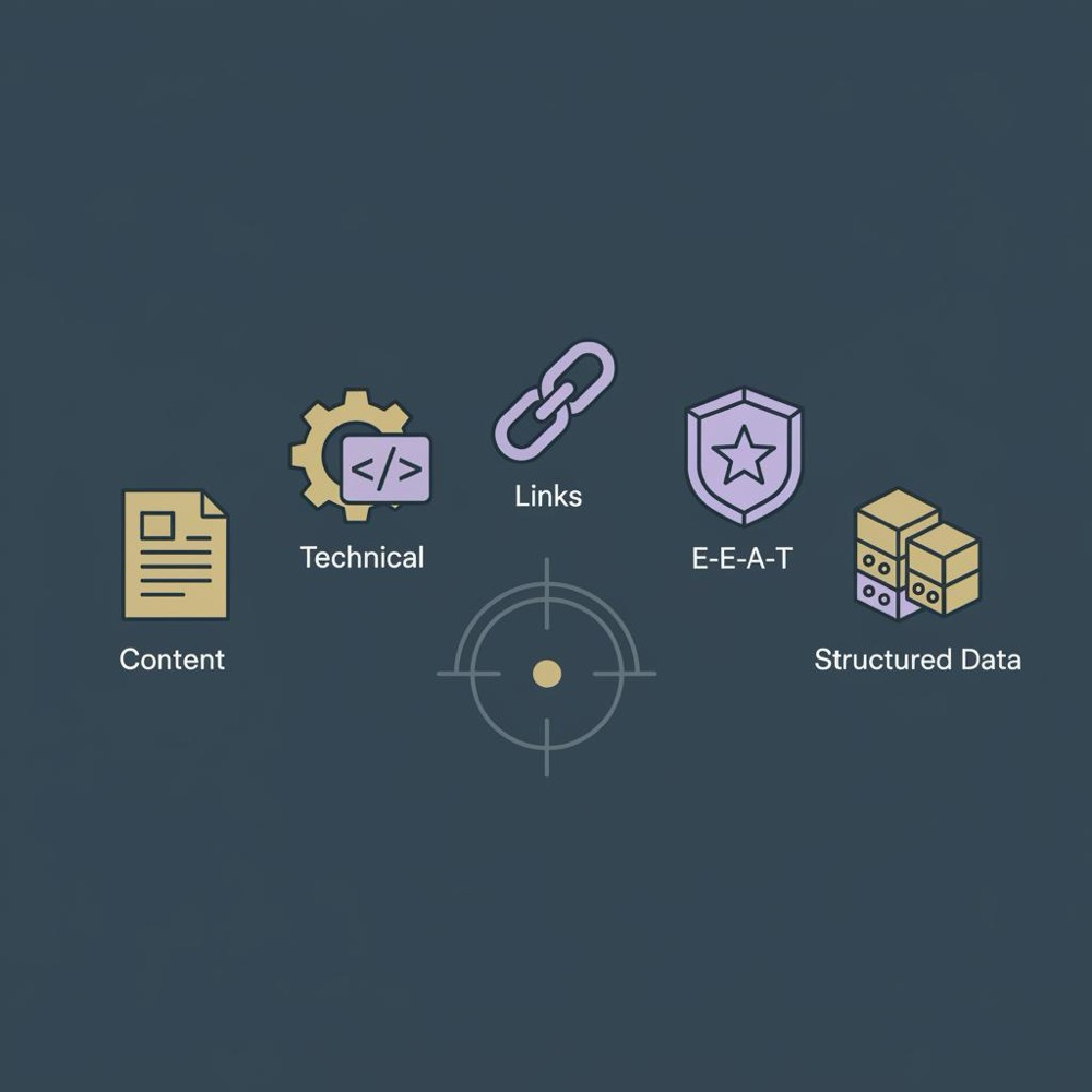 Minimal 2D vector infographic showing five icons (content, technical, links, E‑E‑A‑T, structured data) around a search target in Orvus colors for google positioning.