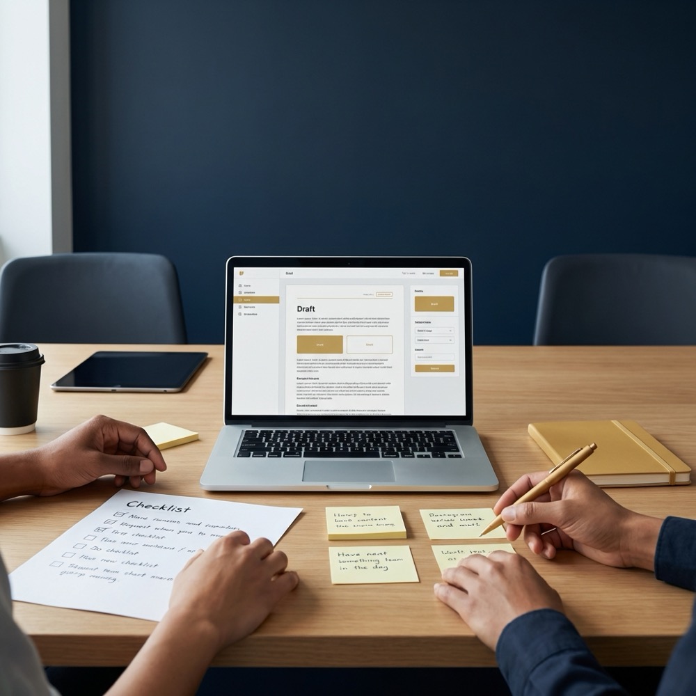 Content team of three reviewing a draft on a laptop with a visible checklist and notes in a minimalist navy branded workspace emphasizing seo writing