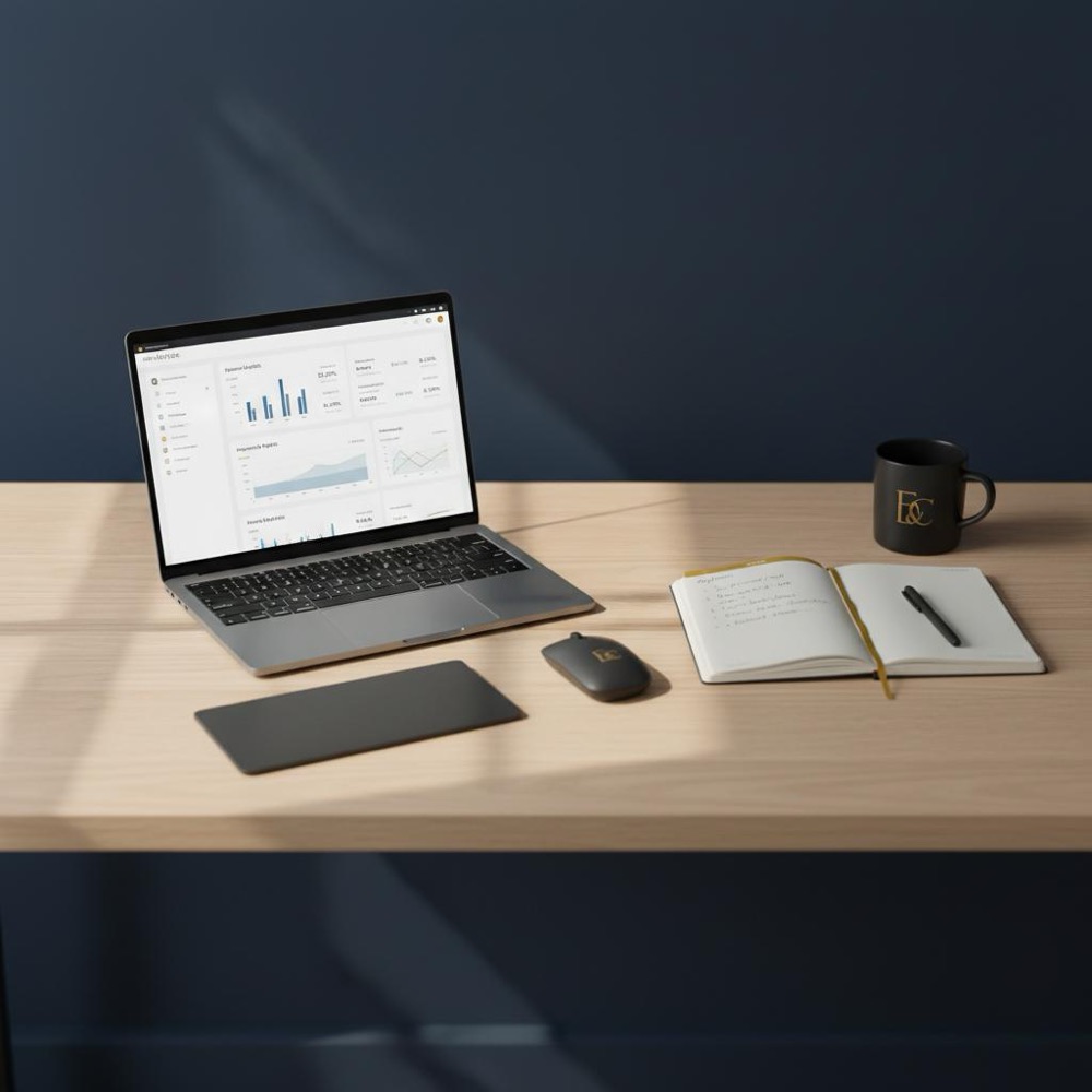 Minimalist e-commerce workspace with laptop showing ad analytics and a notebook with content ideas, subtle #C8A45D brand accents - is ppc harder than seo