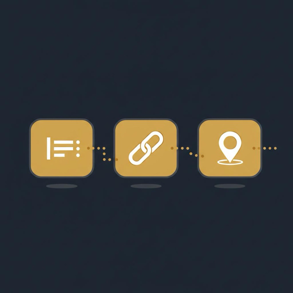 Minimal 2D vector infographic showing three search-signal icons (headings, links, map pin) on dark blue background with gold highlights, illustrating types of ranking.